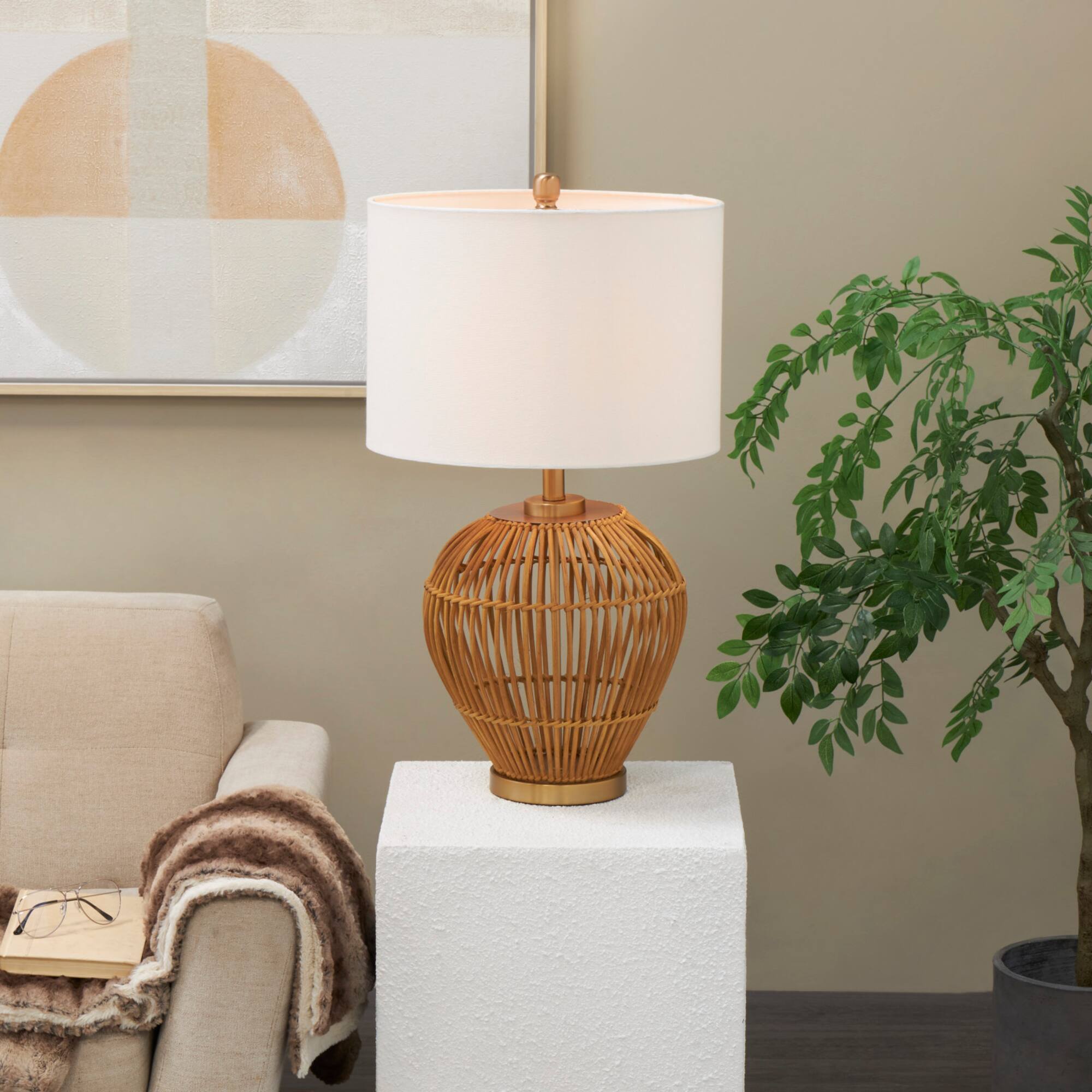 28" Brown Bohemian Round Woven Handmade Rattan Table Lamp